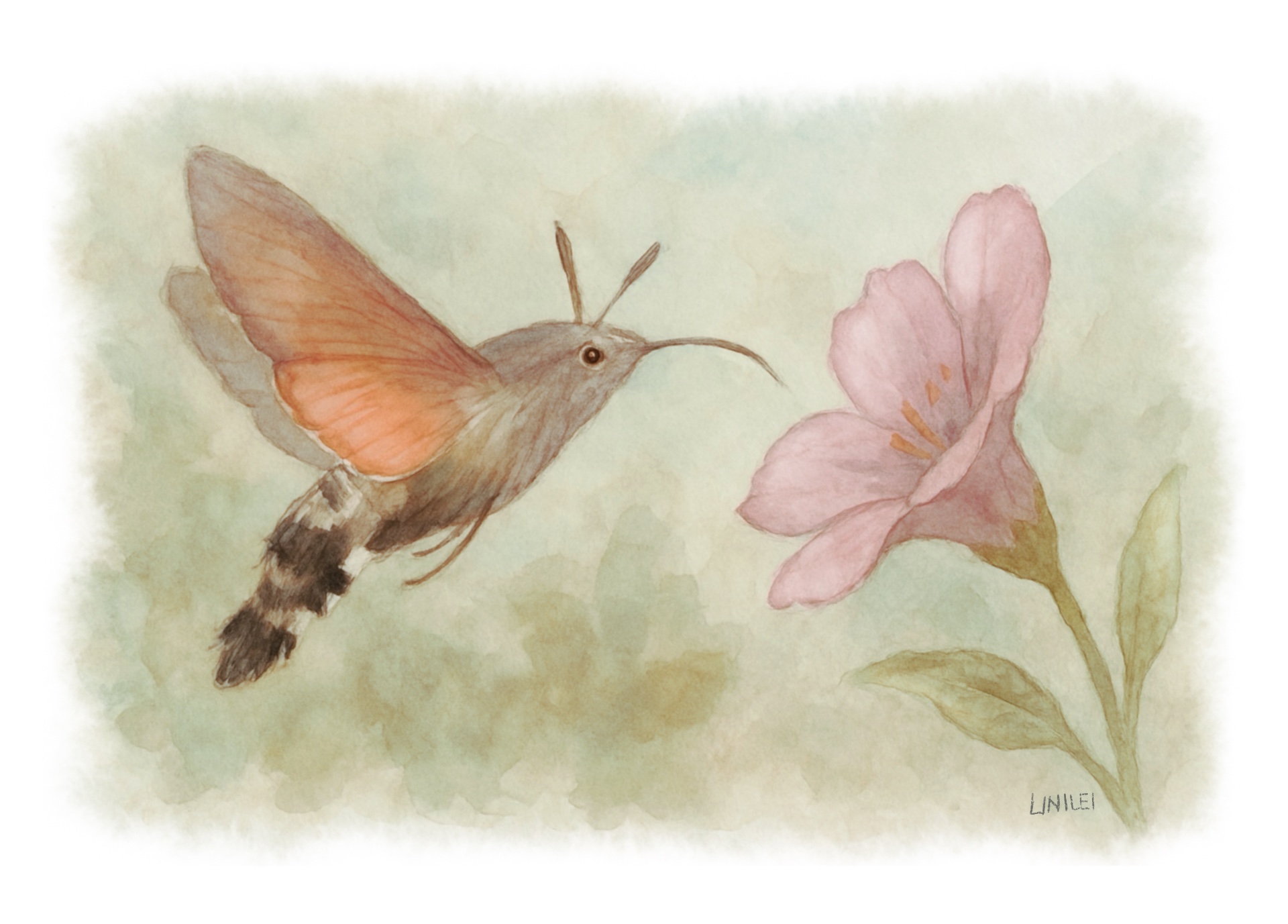 Una esfinge colibrí (Macroglossum stellatarum) en pleno vuelo, con su larga trompa profundamente insertada en una colorida flor para succionar néctar de Linilei.