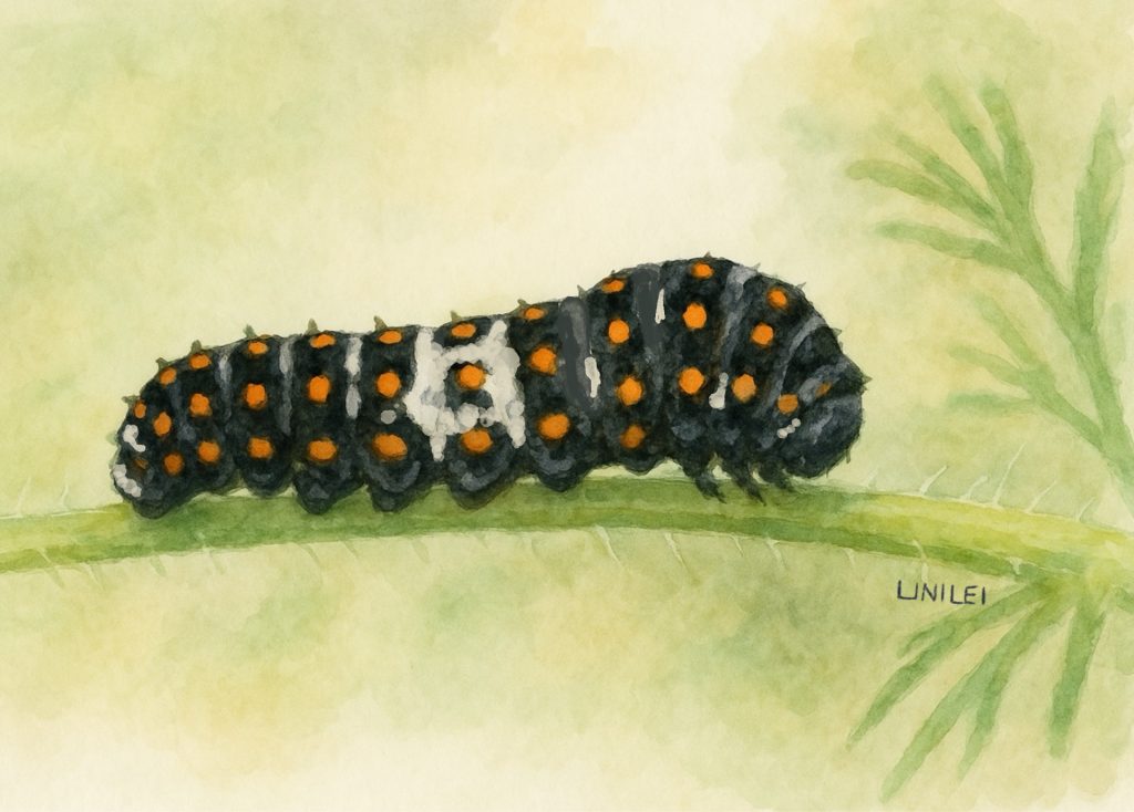 Oruga de la mariposa macaón de Linielei.