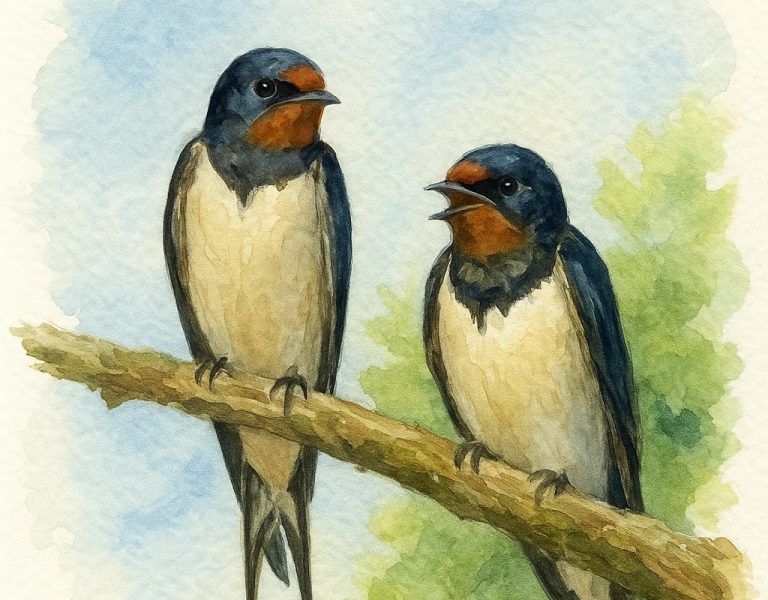 Ilustración de dos golondrinas comunes sentadas en una rama. Karoline Leitner